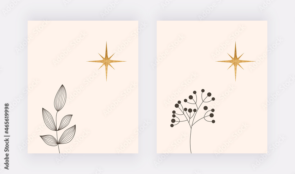 Mid century wall art prints with black lines leaves and golden star