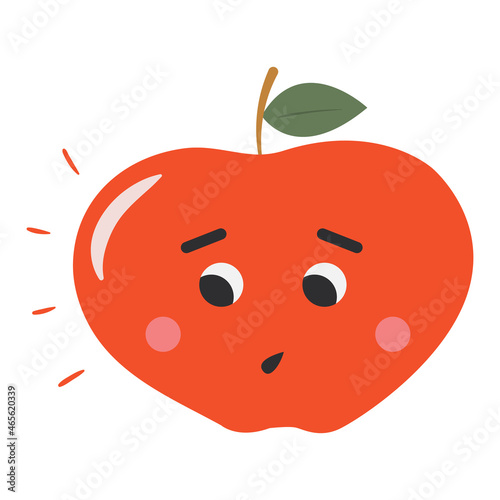 Cute and funny red apple with ashamed face expression. Organic healthy food showing emotion. Shy kawaii doodle character. Hand drawn fruit vector illustration