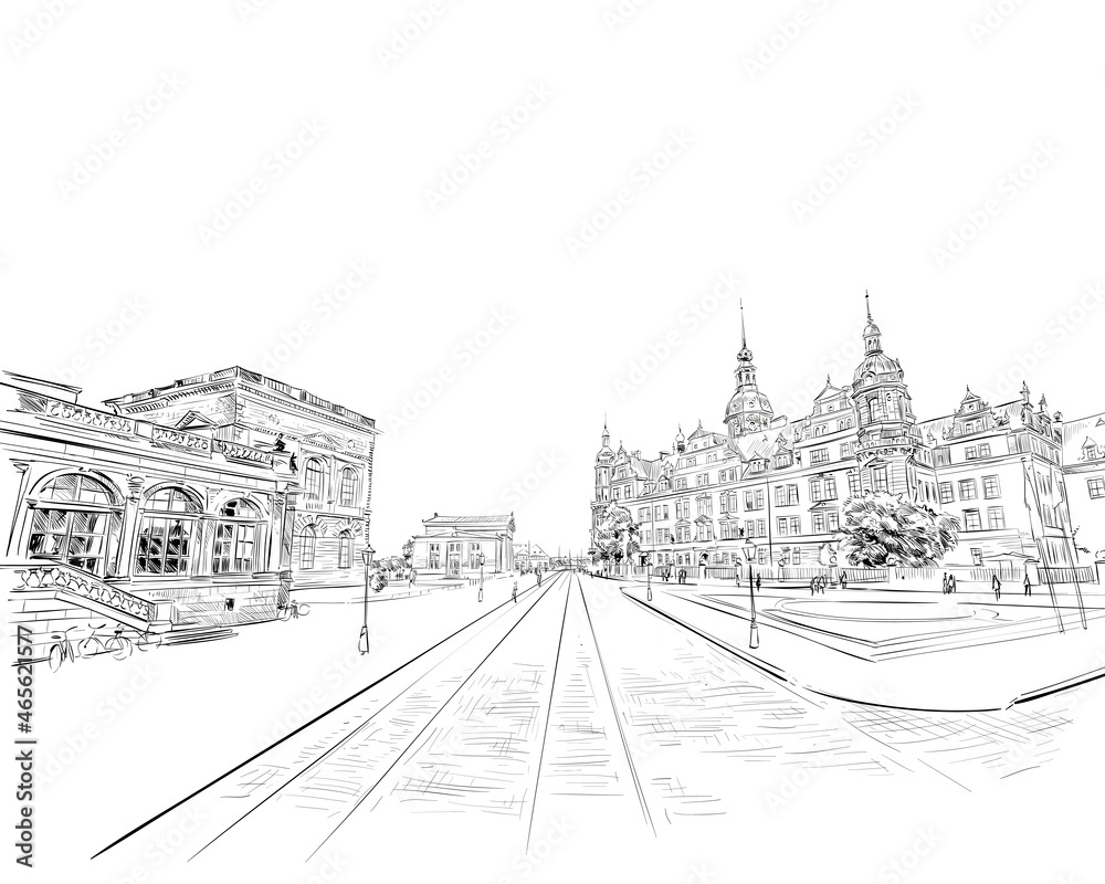 Fototapeta premium Dresden Picture Gallery and Dresden Castle. Dresden. Germany. Hand drawn sketch. Urban sketch. Vector illustration.