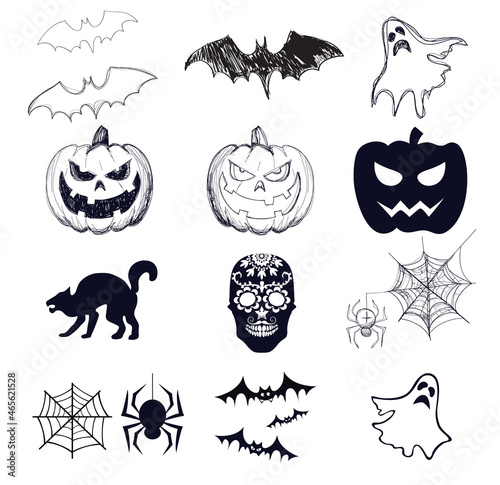 Halloween design elements, pumpkin, bat, jack o lantern, spider, ghost, hand drawn photo
