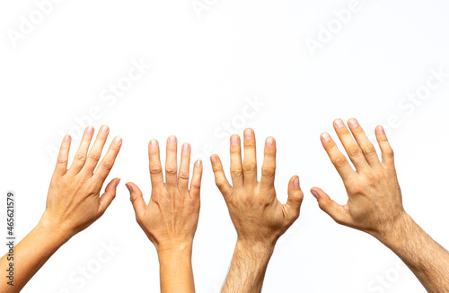 raise hand up, left and right hand raise isolate on white backgrounds in four action.