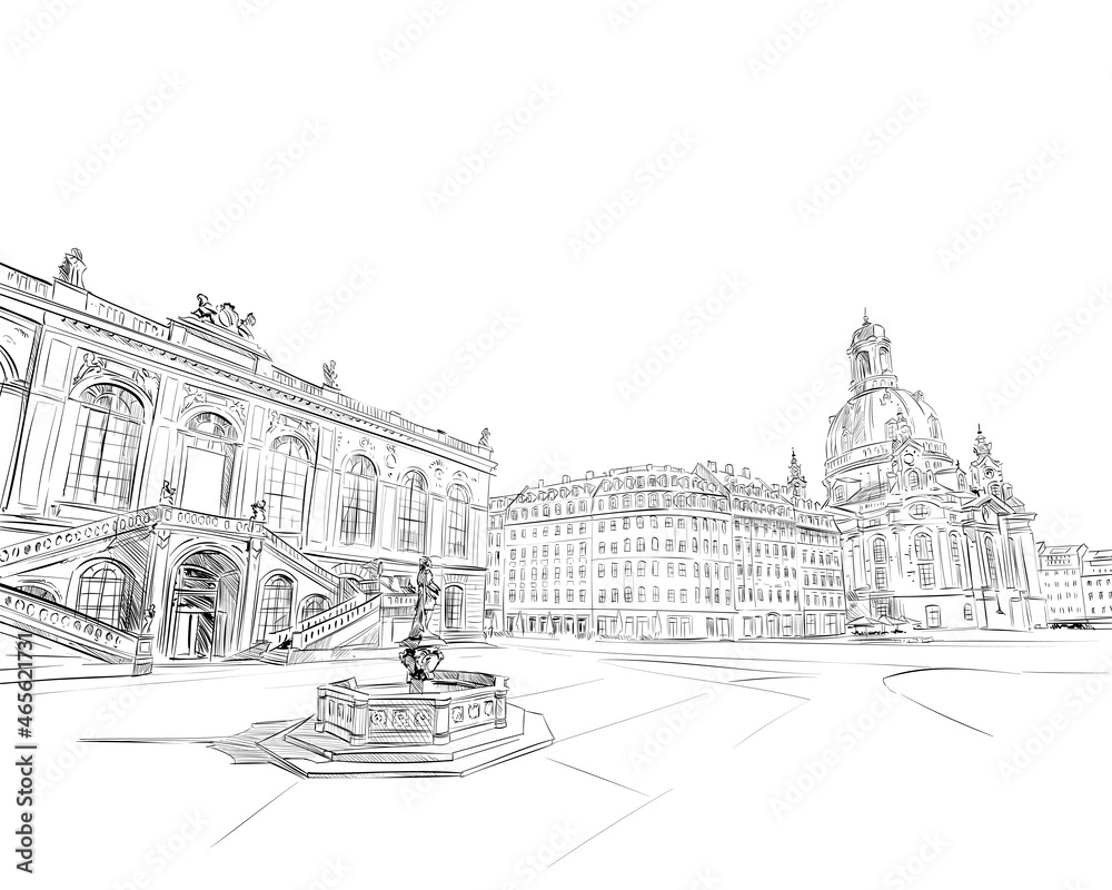 Church of Frauenkirche. Bruhl's terrace. Academy of Fine Arts. Palace of Culture. Dresden. Germany. Hand drawn sketch. Urban sketch. Vector illustration. 