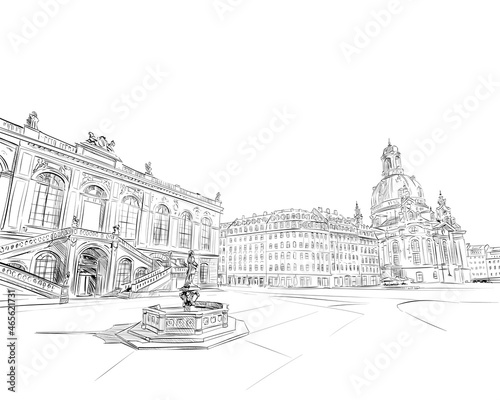 Church of Frauenkirche. Bruhl's terrace. Academy of Fine Arts. Palace of Culture. Dresden. Germany. Hand drawn sketch. Urban sketch. Vector illustration. 