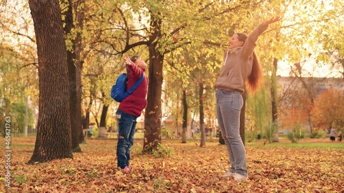 Fototapeta Naklejka Na Ścianę i Meble -  mother and little child in an autumn park throw dry leaves up, happy family, live fun with mom, cheerful kid plays with foliage and parent hands throwing leaf fall, parental care of girl, nature walk