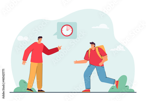 Father pointing to clock to schoolboy with backpack. Man teaching time management flat vector illustration. Fatherhood, family, education concept for banner, website design or landing web page