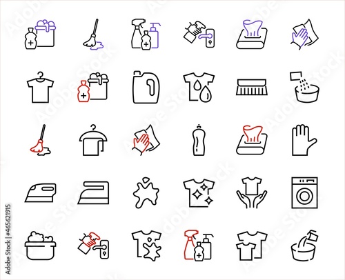 Simple set of washing related vector line Icons. Contains icons such as washing machine, powder, laundry, dirty t-shirt and much more. On a white background, editable stroke. 48x48 pixels perfect