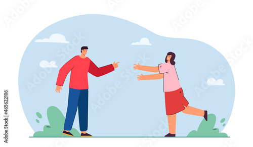 Man and woman running towards each other. Couple of male and female characters greeting flat vector illustration. Meeting of friends, love concept for banner, website design or landing web page