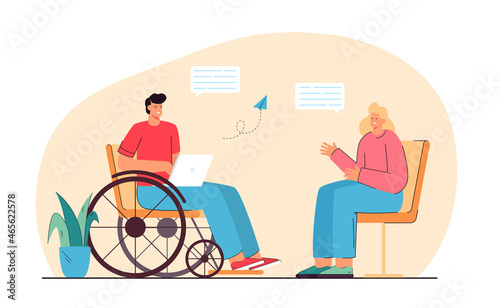 Man with disability communicating with woman online. Person sitting in wheelchair flat vector illustration. Communication in social media concept for banner, website design or landing web page