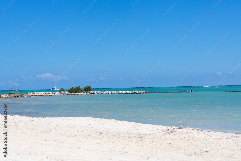 CARIBBEAN BEACH WITHOUT PEOPLE, WITH TURQUOISE WATER, COCONUT PALM TREES AND WHITE SANDS