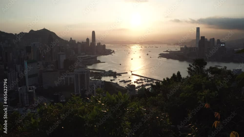 HONG KONG, CHINA - JUNE 2021 Sunset over sea bay with sunlight reflections surrounded by city building skyscrapers silhouettes and trees waved by wind HONG KONG, CHINA - JUNE 2021 Sunset over sea bay with sunlight reflections surrounded by city building skyscrapers silhouettes and trees waved by wind