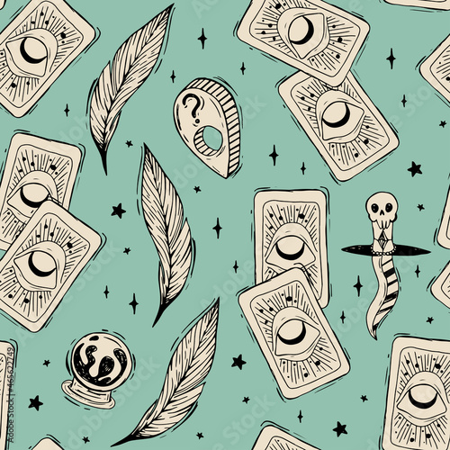 Magic Vector Illustration Tarot Cards Divination Witchcraft Crystal Ball Seamless Pattern Decorative Esoteric Signs Knife Skull Feather Hand Drawn Ouija Outline Vintage Retro Illustration