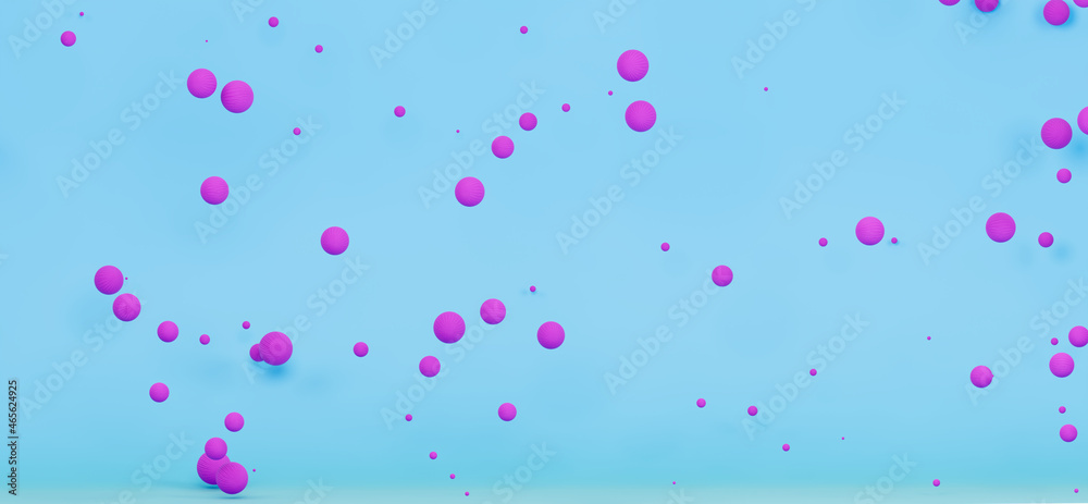 Lots of flying knitted spheres, 3d render. Knitted balls randomly scattered on a blue background. 3d abstract background.