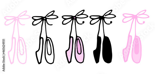 a set of pink women's ballet shoes on a ribbon with a pink bow in a flat style. Isolated collection of children's pointe shoes tied with a bow, hand-drawn in the style of doodles black outline and sil