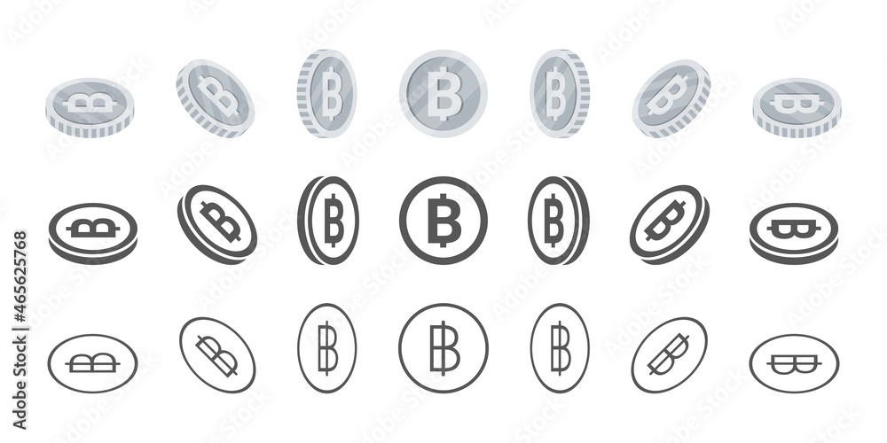 Thai baht coins. Rotation of icons at different angles for animation. Coins in isometric. Vector illustration Thai baht coins. Rotation of icons at different angles for animation. Coins in isometric. Vector illustration