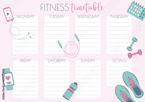 Fitness timetable. Weekly schedule template with shoes, weights, player, bottle, jump rope. Gym planner. Vector illustration. Notes, to do list. Vector illustration. Healthy lifestyle. Flat design.