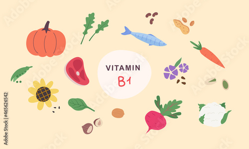 Vitamin B1 sources. Food containing thiamine. Nuts, vegetables, meat, fish, seeds.Vector illustration cartoon flat style.