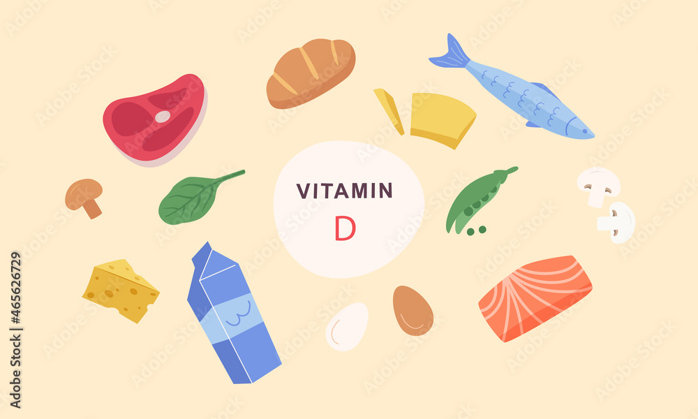 Vitamin D sources. Food enriched with cholecalciferol.Fish, milk, bread, salmon, meat, butter, eggs,cheese.Nutrition, organic food.Vector illustration cartoon flat style.