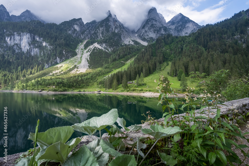 Dachstein Mountains reflected in Gosau beautiful lake, Austria