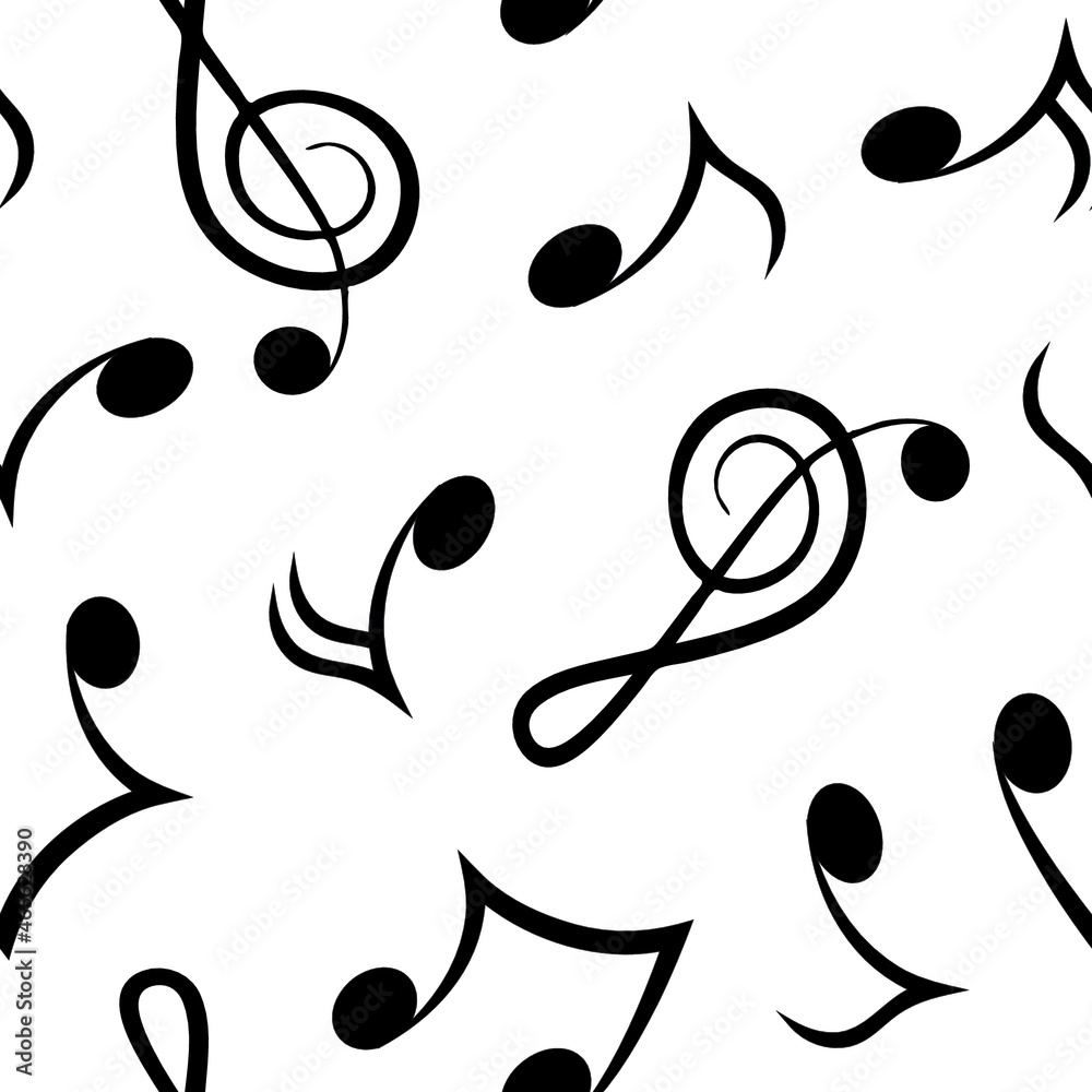 Violin key and musical notes sign black symbol seamless pattern on white background. Vector