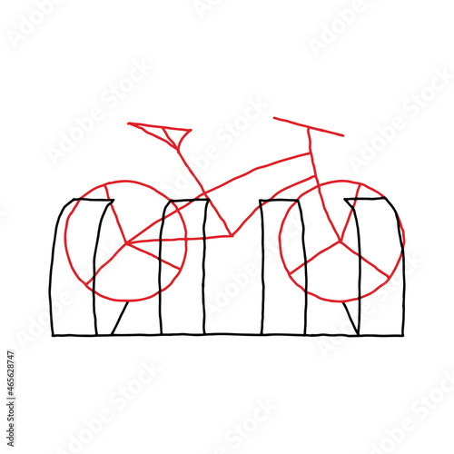 Beautiful hand-drawn black and red vector illustration of a metal bike parking rack isolated on a white background