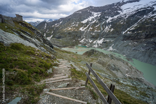 Hiking trail to Grossglockner mountain glacier. Austria. Summer