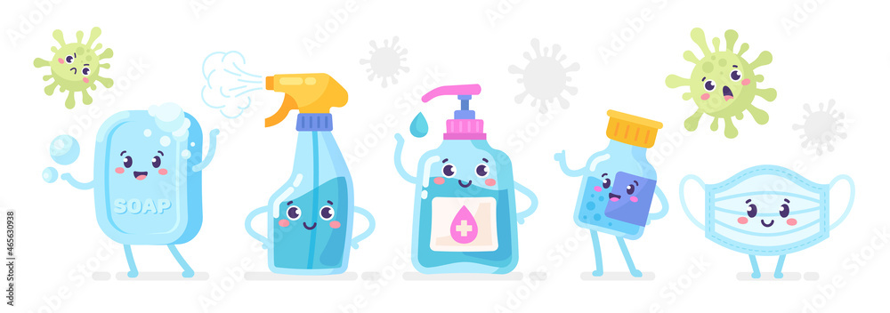 Hygiene characters set. Soap, spray, antiseptic, and mask with kawaii facial emotions. Colorful stickers for printing and websites. Cartoon flat vector collection isolated on white background Hygiene characters set. Soap, spray, antiseptic, and mask with kawaii facial emotions. Colorful stickers for printing and websites. Cartoon flat vector collection isolated on white background