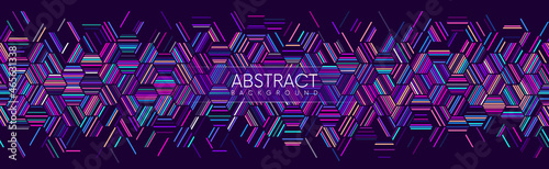 Seamless geometric wide background with colorful hexagonal iridescent holographic lines. Modern trendy futuristic banner design. Abstract vector background