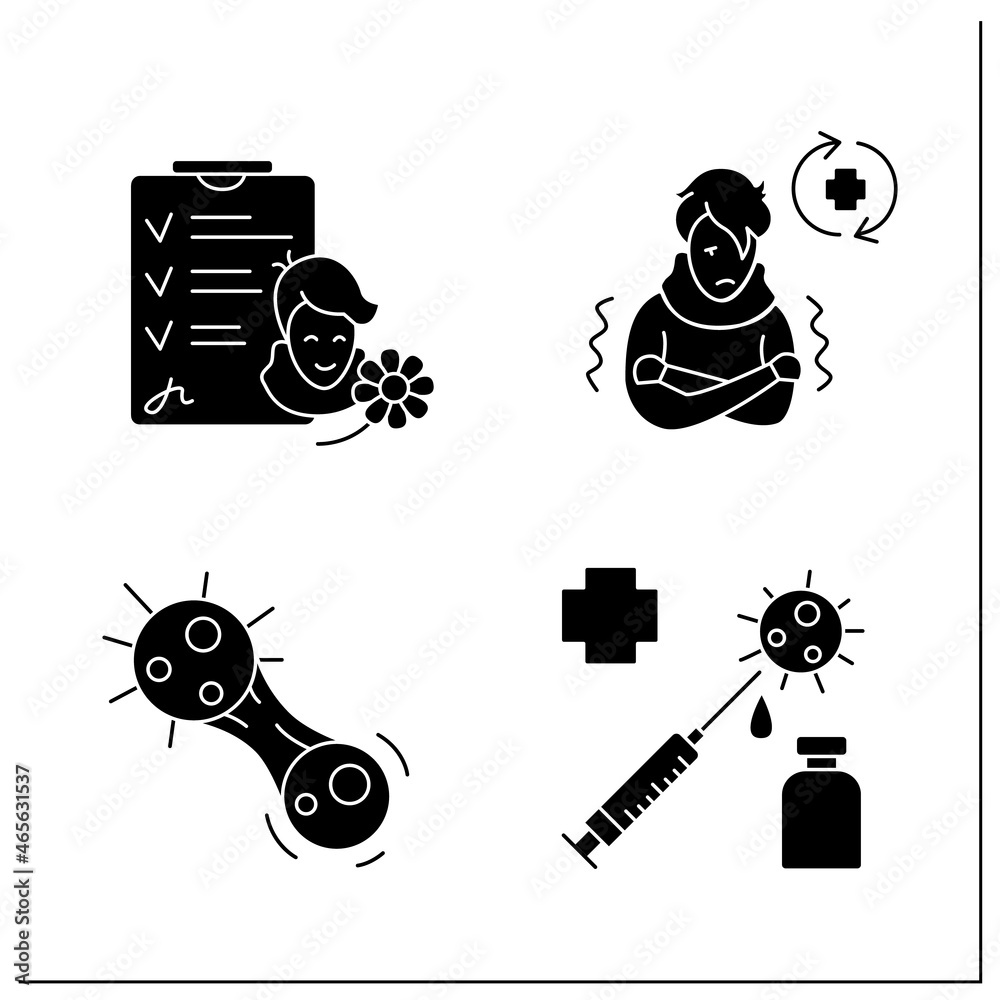 Corona virus effects glyph icon set. Sick person, vaccine, recovered patient, covid mutation. Covid long term system health damage.Filled flat sign. Isolated silhouette vector illustration