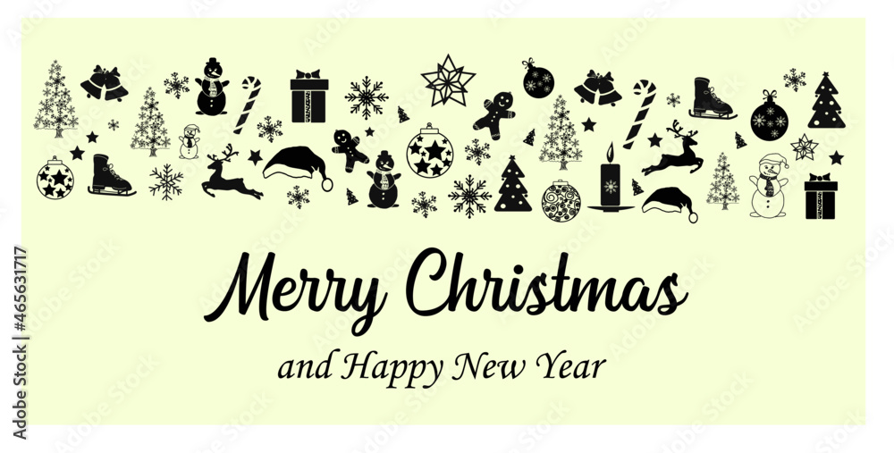 Merry Christmas and New Year banner with hanging decorations. Vector.
Christmas items: gifts, reindeers, Christmas trees, snowmen.