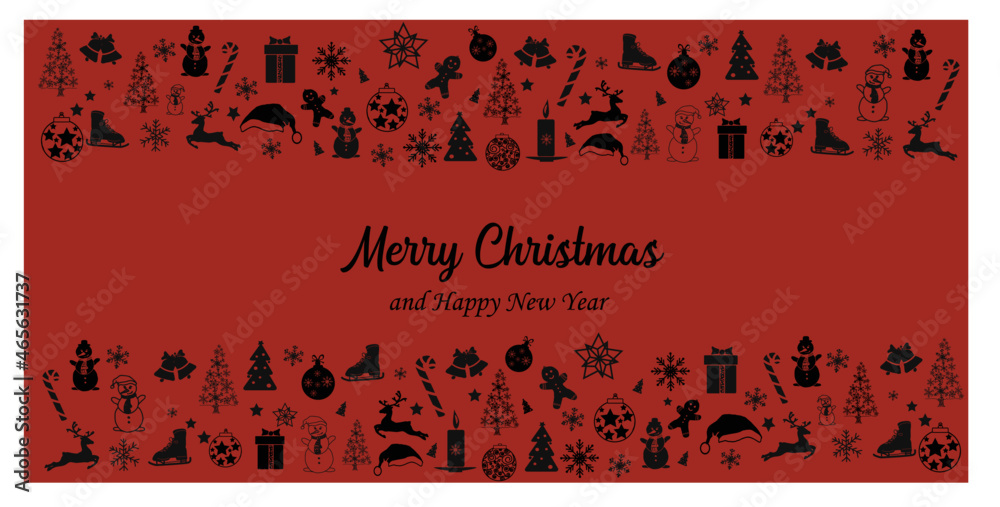Merry Christmas and New Year banner with hanging decorations. Vector.
Christmas items: gifts, reindeers, Christmas trees, snowmen.