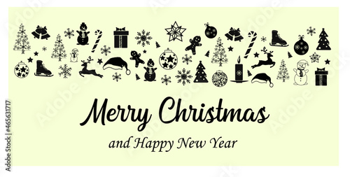 Obraz na płótnie Merry Christmas and New Year banner with hanging decorations. Vector.
Christmas items: gifts, reindeers, Christmas trees, snowmen. w salonie