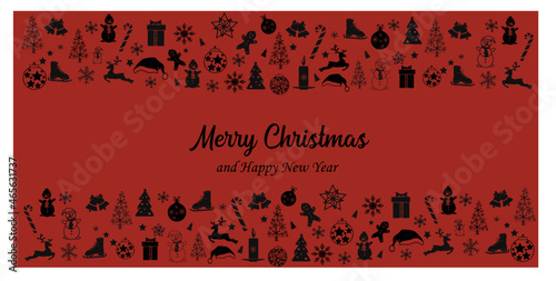 Merry Christmas and New Year banner with hanging decorations. Vector. 
Christmas items: gifts, reindeers, Christmas trees, snowmen.