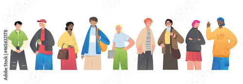 Group of friendly diverse people. Group of men and women communicating with each other. Happy characters of different ages and nations. Cartoon flat vector illustration isolated on white background