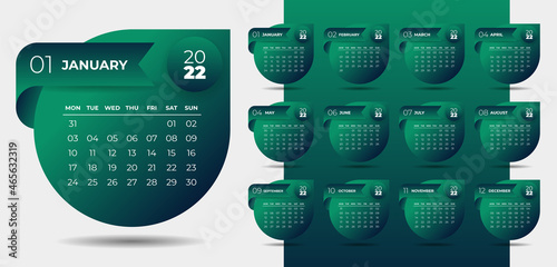 2022 calendar planner design template vector week start Monday.
