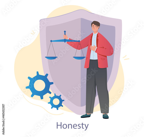 Honesty as moral value concept. Man stands next to large shield and hold scale in his hand. Justice and balance. Character with humane principles. Cartoon flat vector illustration on white background