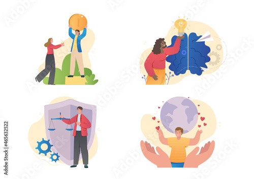 Moral principles concept. Honor, justice, inspiration, support and care. Men and women adhere to humane values and principles. Cartoon flat vector set of illustrations isolated on white background