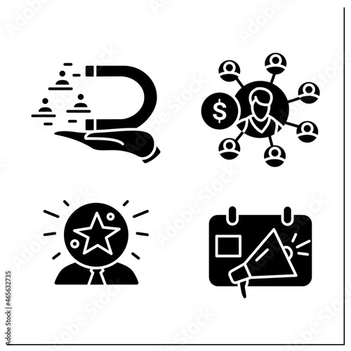 Customer attraction glyph icons set. Event and affiliate marketing, brand awareness, customer retention. Filled flat sign. Isolated silhouette vector illustration