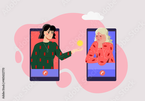 Girl comforts her sad friend over phone concept. Woman supports and calms loved one at distance. Help in solving psychological problems and improving emotional state. Cartoon flat vector illustration