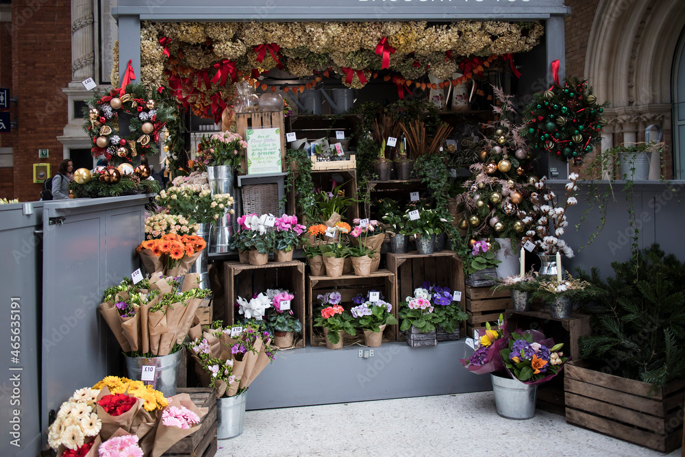 Flower shop with flowers on display