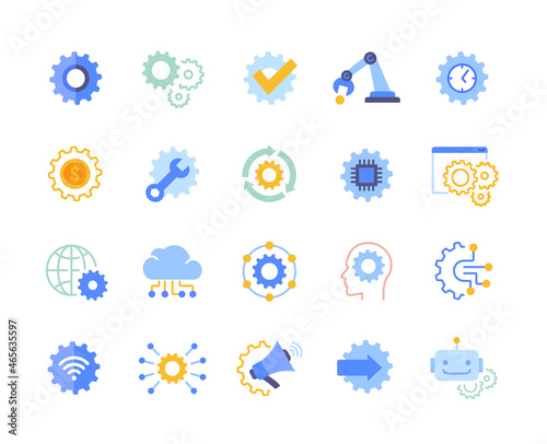 Automation colorful icons set. Collection of graphic elements for website. Bright images, avatars, artificial intelligence, mechanism. Cartoon flat vector illustration isolated on white background