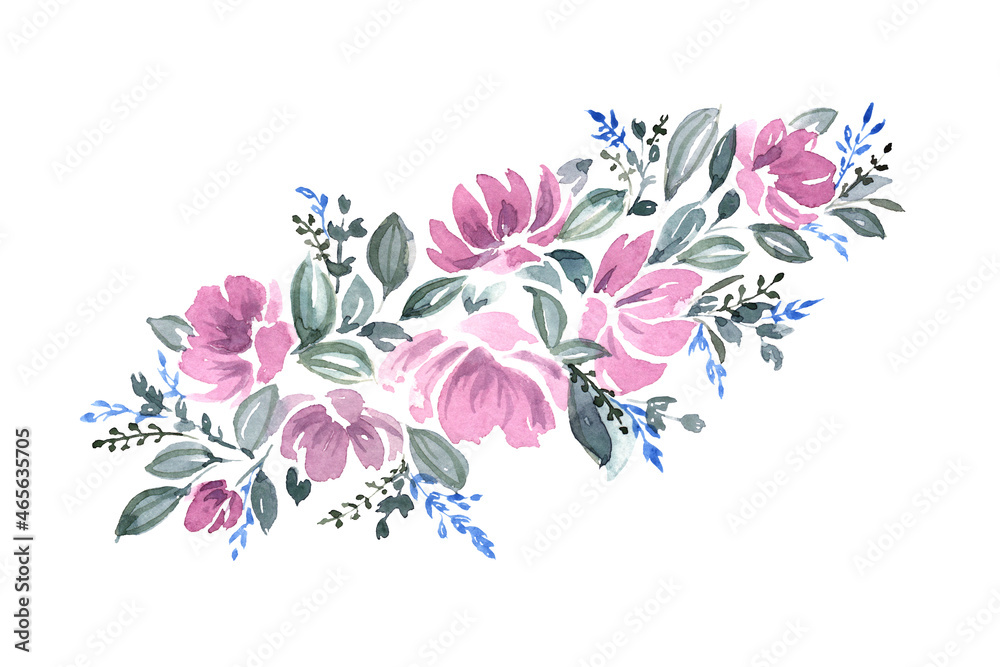 composition of flowers and petals in pastel colors in watercolor
