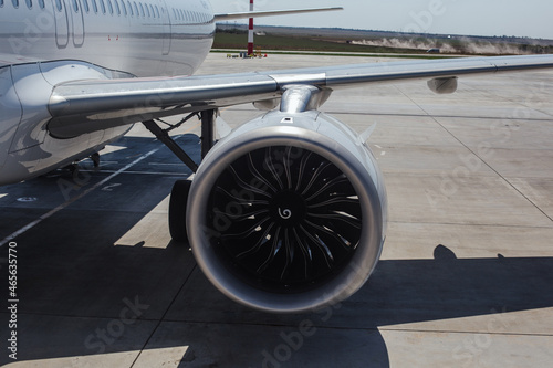 Modern aircraft of an airfield view of turbine
