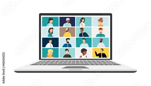 people connecting together, learning or meeting online with teleconference. Video conference remote working on laptop computer. Work from home and work from anywhere concept, flat vector illustration