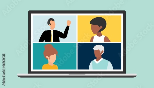 people connecting together, learning or meeting online with teleconference. Video conference remote working on laptop computer. Work from home and work from anywhere concept, flat vector illustration