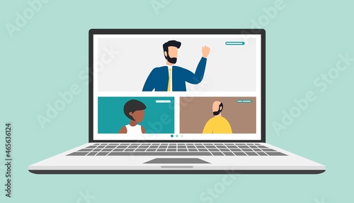 people connecting together, learning or meeting online with teleconference. Video conference remote working on laptop computer. Work from home and work from anywhere concept, flat vector illustration