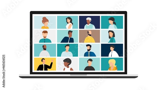 people connecting together, learning or meeting online with teleconference. Video conference remote working on laptop computer. Work from home and work from anywhere concept, flat vector illustration