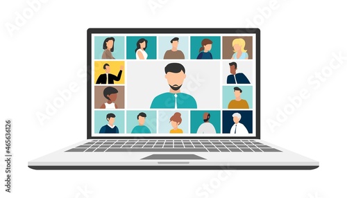 people connecting together, learning or meeting online with teleconference. Video conference remote working on laptop computer. Work from home and work from anywhere concept, flat vector illustration