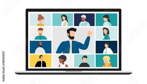 people connecting together, learning or meeting online with teleconference. Video conference remote working on laptop computer. Work from home and work from anywhere concept, flat vector illustration
