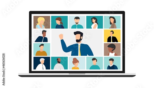 people connecting together, learning or meeting online with teleconference. Video conference remote working on laptop computer. Work from home and work from anywhere concept, flat vector illustration