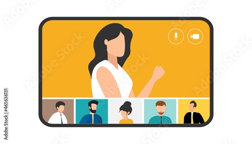 people connecting together, learning or meeting online with teleconference. Video conference remote working on laptop computer. Work from home and work from anywhere concept, flat vector illustration